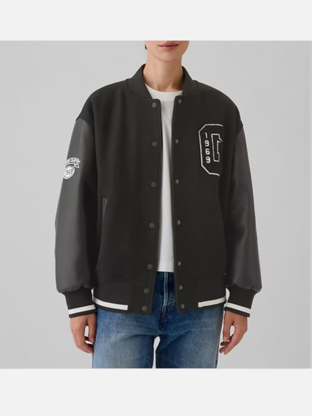 NWOT Gap Black Varsity Bomber Jacket with Leather Sleeves size XS/S